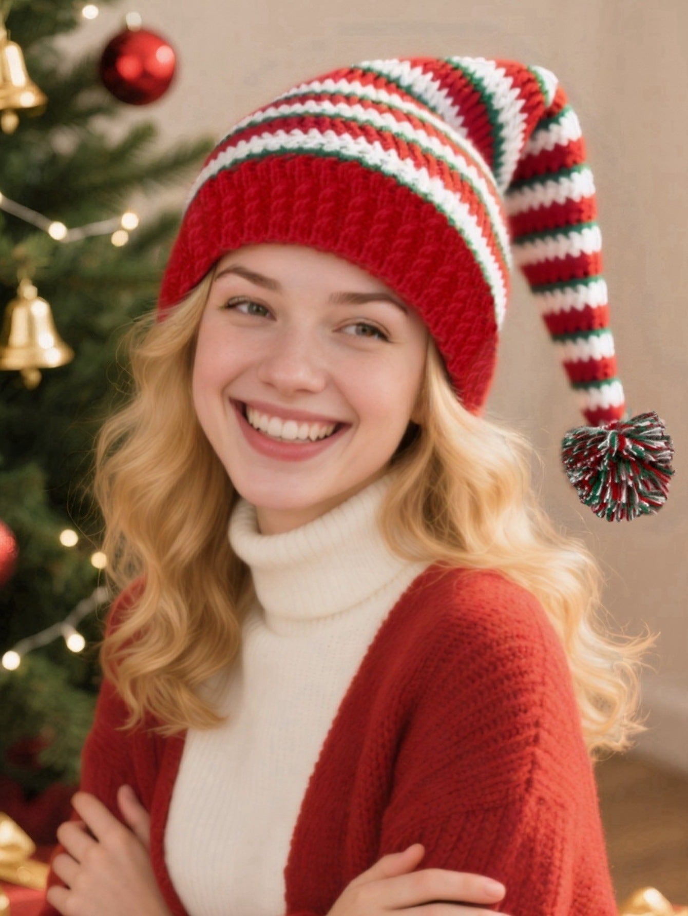 Wholesale Christmas Knitted  Winter Striped Pom-Pom Holiday Wool Hat